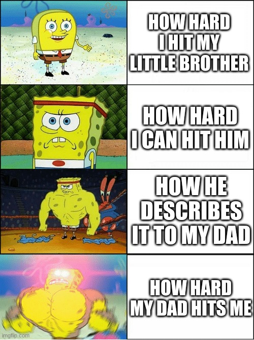 BRO FACTS |  HOW HARD I HIT MY LITTLE BROTHER; HOW HARD I CAN HIT HIM; HOW HE DESCRIBES IT TO MY DAD; HOW HARD MY DAD HITS ME | image tagged in sponge finna commit muder | made w/ Imgflip meme maker