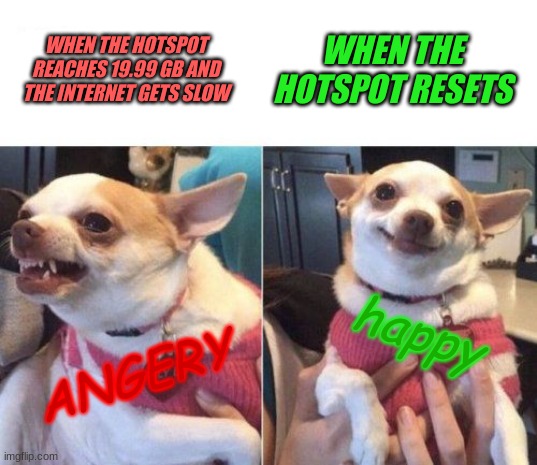 angry chihuahua happy chihuahua | WHEN THE HOTSPOT RESETS; WHEN THE HOTSPOT REACHES 19.99 GB AND THE INTERNET GETS SLOW; happy; ANGERY | image tagged in angry chihuahua happy chihuahua | made w/ Imgflip meme maker