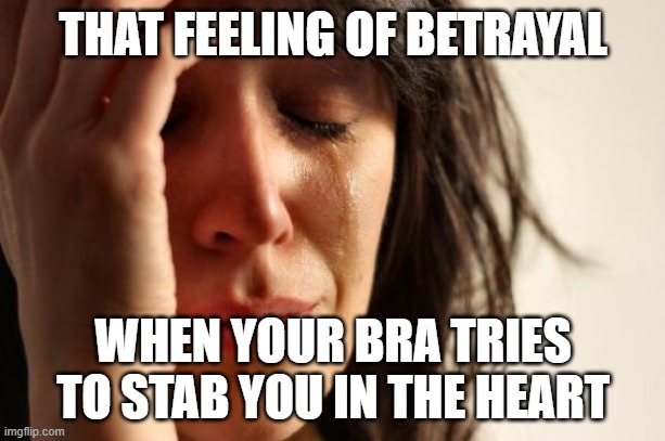 First World Problems | THAT FEELING OF BETRAYAL; WHEN YOUR BRA TRIES TO STAB YOU IN THE HEART | image tagged in memes,first world problems | made w/ Imgflip meme maker