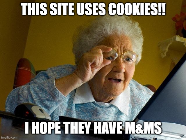 Grandma Finds The Internet | THIS SITE USES COOKIES!! I HOPE THEY HAVE M&MS | image tagged in memes,grandma finds the internet | made w/ Imgflip meme maker