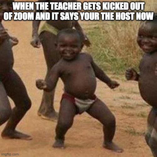 So who wants to learn nothing | WHEN THE TEACHER GETS KICKED OUT OF ZOOM AND IT SAYS YOUR THE HOST NOW | image tagged in memes,third world success kid | made w/ Imgflip meme maker