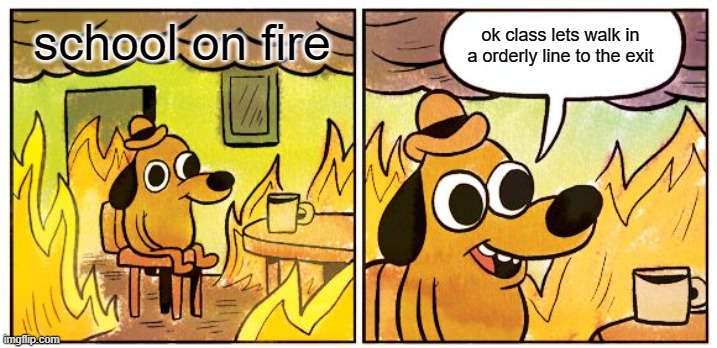 This Is Fine | ok class lets walk in a orderly line to the exit; school on fire | image tagged in memes,this is fine | made w/ Imgflip meme maker