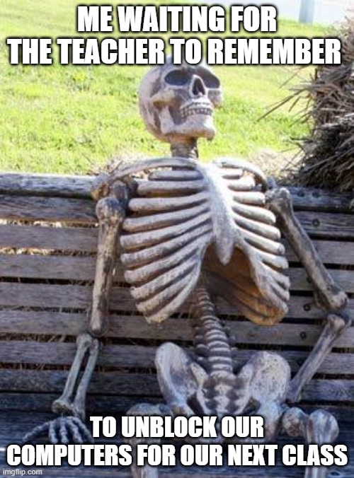 *dies* | ME WAITING FOR THE TEACHER TO REMEMBER; TO UNBLOCK OUR COMPUTERS FOR OUR NEXT CLASS | image tagged in memes,waiting skeleton | made w/ Imgflip meme maker