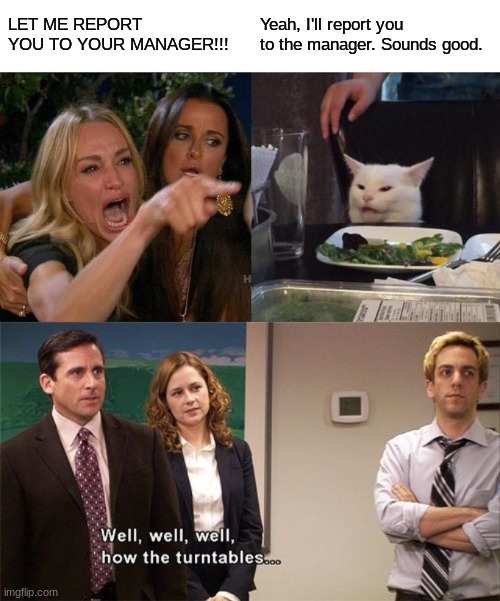 WHAT A TWIST BY THE MANAGER!!! | LET ME REPORT YOU TO YOUR MANAGER!!! Yeah, I'll report you to the manager. Sounds good. | image tagged in memes,woman yelling at cat,how the turntables | made w/ Imgflip meme maker