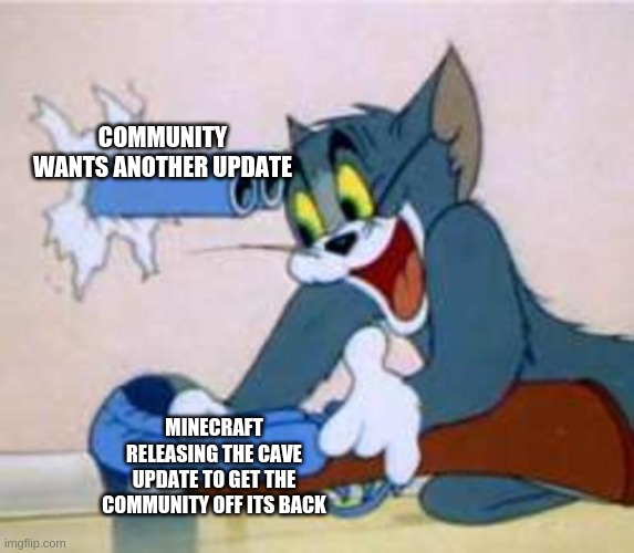 What do you want MC to update next? | COMMUNITY WANTS ANOTHER UPDATE; MINECRAFT RELEASING THE CAVE UPDATE TO GET THE COMMUNITY OFF ITS BACK | image tagged in tom the cat shooting himself | made w/ Imgflip meme maker