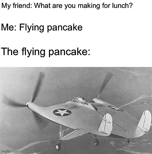 "The Flying Pancake" |  My friend: What are you making for lunch? Me: Flying pancake; The flying pancake: | image tagged in blank white template,aviation,pancake,lunch,memes | made w/ Imgflip meme maker