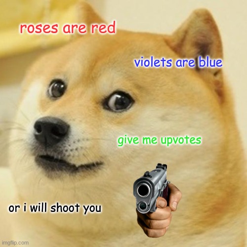 Just a little poem i made | roses are red; violets are blue; give me upvotes; or i will shoot you | image tagged in memes,doge,upvotes | made w/ Imgflip meme maker