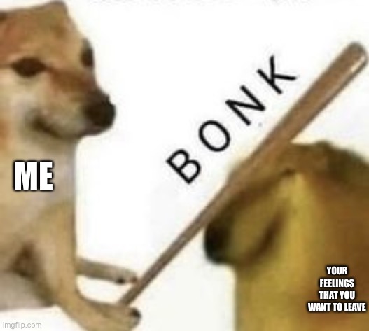 Bonk | ME YOUR FEELINGS THAT YOU WANT TO LEAVE | image tagged in bonk | made w/ Imgflip meme maker