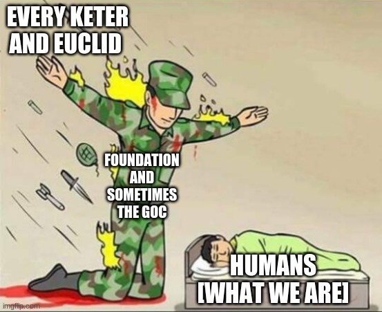 True | EVERY KETER AND EUCLID; FOUNDATION AND SOMETIMES THE GOC; HUMANS [WHAT WE ARE] | image tagged in soldier protecting sleeping child | made w/ Imgflip meme maker