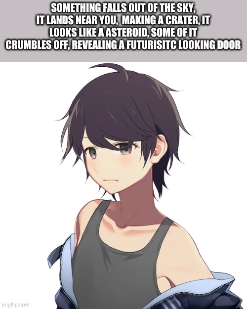 SOMETHING FALLS OUT OF THE SKY, IT LANDS NEAR YOU,  MAKING A CRATER, IT LOOKS LIKE A ASTEROID, SOME OF IT CRUMBLES OFF, REVEALING A FUTURISITC LOOKING DOOR | made w/ Imgflip meme maker