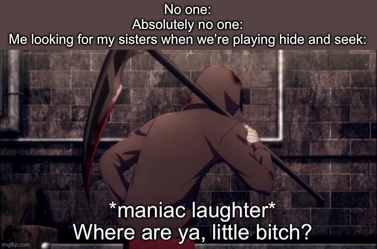 *maniac laughter* where are, ya little bitch? | No one:
Absolutely no one:
Me looking for my sisters when we’re playing hide and seek: | image tagged in maniac laughter where are ya little bitch | made w/ Imgflip meme maker