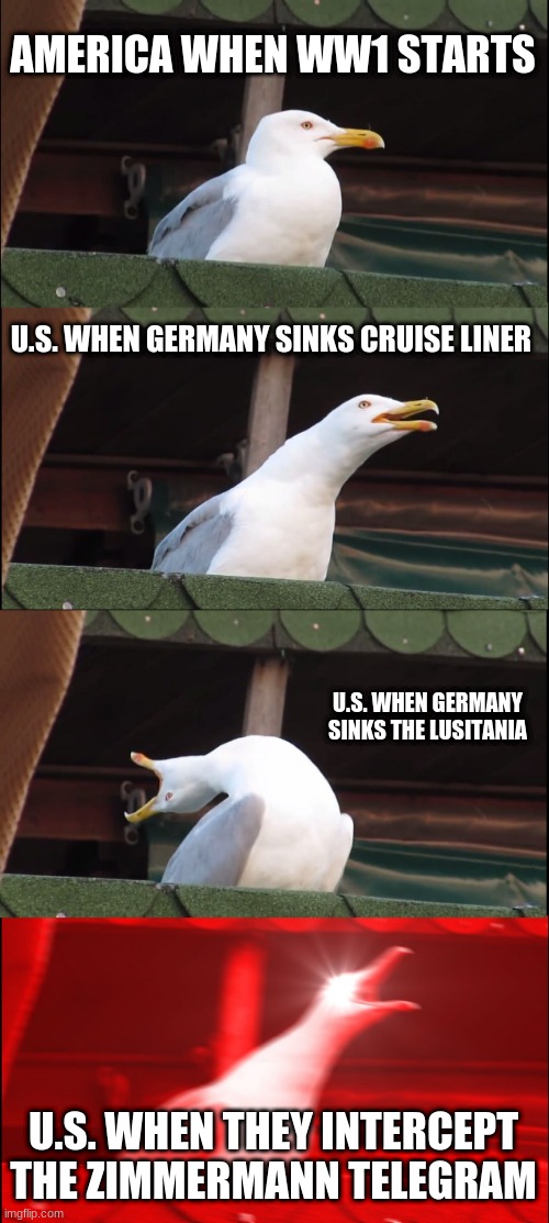 Inhaling Seagull Meme | AMERICA WHEN WW1 STARTS; U.S. WHEN GERMANY SINKS CRUISE LINER; U.S. WHEN GERMANY SINKS THE LUSITANIA; U.S. WHEN THEY INTERCEPT THE ZIMMERMANN TELEGRAM | image tagged in memes,inhaling seagull | made w/ Imgflip meme maker