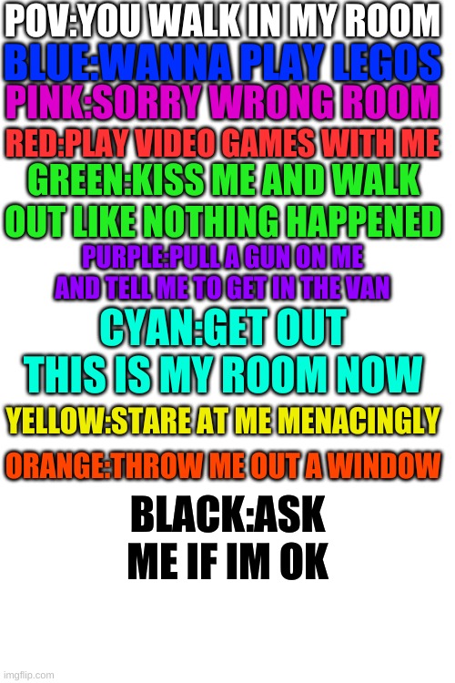 you can also repost this | POV:YOU WALK IN MY ROOM; BLUE:WANNA PLAY LEGOS; PINK:SORRY WRONG ROOM; RED:PLAY VIDEO GAMES WITH ME; GREEN:KISS ME AND WALK OUT LIKE NOTHING HAPPENED; PURPLE:PULL A GUN ON ME AND TELL ME TO GET IN THE VAN; CYAN:GET OUT THIS IS MY ROOM NOW; YELLOW:STARE AT ME MENACINGLY; ORANGE:THROW ME OUT A WINDOW; BLACK:ASK ME IF IM OK | image tagged in blank white template | made w/ Imgflip meme maker