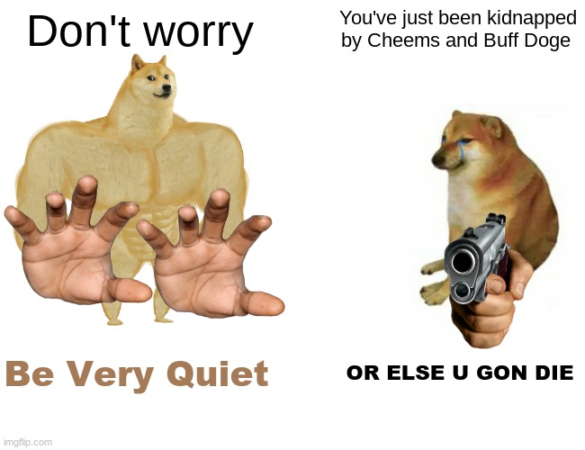 Buff Doge vs. Cheems | Don't worry; You've just been kidnapped by Cheems and Buff Doge; Be Very Quiet; OR ELSE U GON DIE | image tagged in memes,buff doge vs cheems | made w/ Imgflip meme maker
