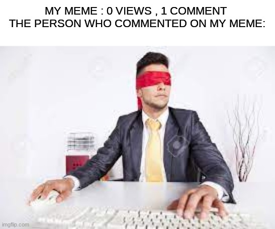 lol | MY MEME : 0 VIEWS , 1 COMMENT 
THE PERSON WHO COMMENTED ON MY MEME: | image tagged in lol | made w/ Imgflip meme maker