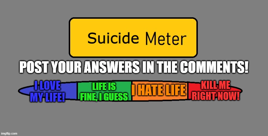 I'm at orange | Suicide; POST YOUR ANSWERS IN THE COMMENTS! I HATE LIFE; LIFE IS FINE, I GUESS; I LOVE MY LIFE! KILL ME RIGHT NOW! | image tagged in blank meter | made w/ Imgflip meme maker