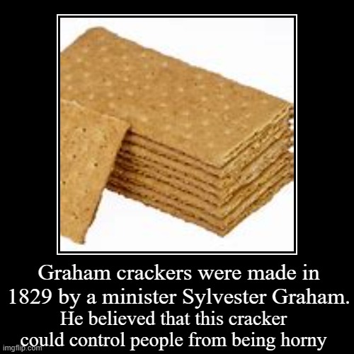 so graham crackers were a form of birth control at one point | Graham crackers were made in 1829 by a minister Sylvester Graham. | He believed that this cracker could control people from being horny | image tagged in funny,demotivationals | made w/ Imgflip demotivational maker