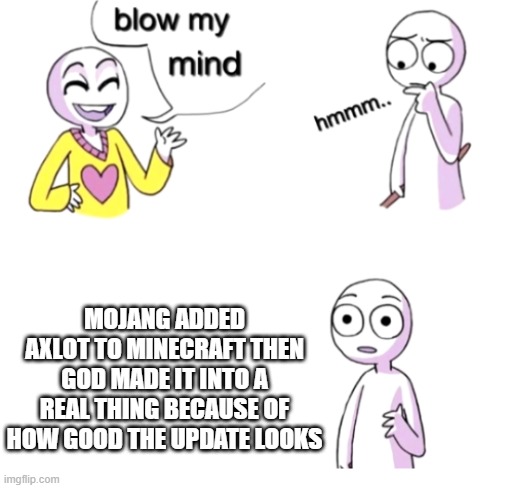 Blow my mind | MOJANG ADDED AXLOT TO MINECRAFT THEN GOD MADE IT INTO A REAL THING BECAUSE OF HOW GOOD THE UPDATE LOOKS | image tagged in blow my mind | made w/ Imgflip meme maker
