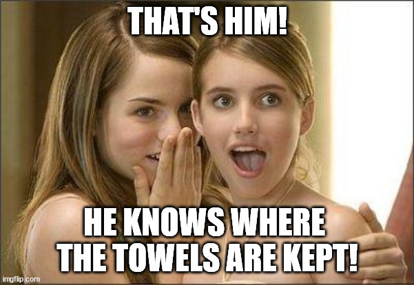 Towel Keeper | THAT'S HIM! HE KNOWS WHERE 
THE TOWELS ARE KEPT! | image tagged in girls gossiping | made w/ Imgflip meme maker