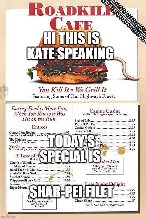 Roadkill Resturant | HI THIS IS KATE SPEAKING; TODAY'S SPECIAL IS; SHAR-PEI FILET | image tagged in best food ever,shar-pei filet | made w/ Imgflip meme maker