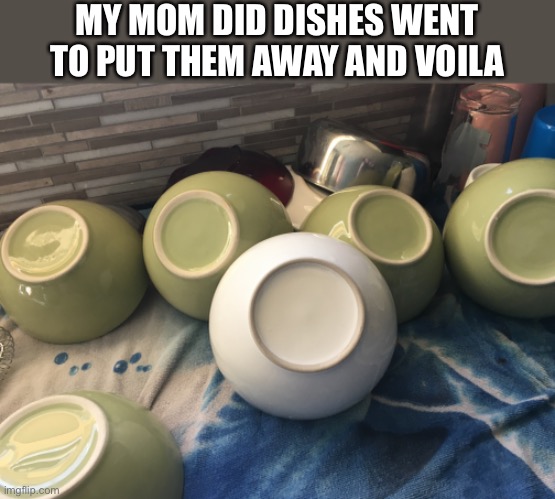 MY MOM DID DISHES WENT TO PUT THEM AWAY AND VOILA | image tagged in bowl | made w/ Imgflip meme maker