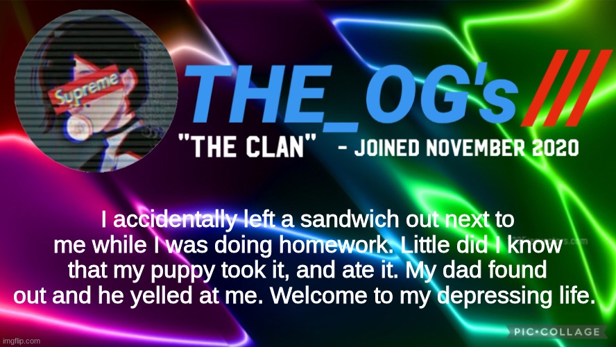 Welcome to my depressing life. | I accidentally left a sandwich out next to me while I was doing homework. Little did I know that my puppy took it, and ate it. My dad found out and he yelled at me. Welcome to my depressing life. | image tagged in the_ogs neon supreme multi-color custom announcement template | made w/ Imgflip meme maker