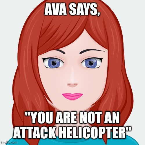 AVA SAYS, "YOU ARE NOT AN ATTACK HELICOPTER" | image tagged in ava says | made w/ Imgflip meme maker
