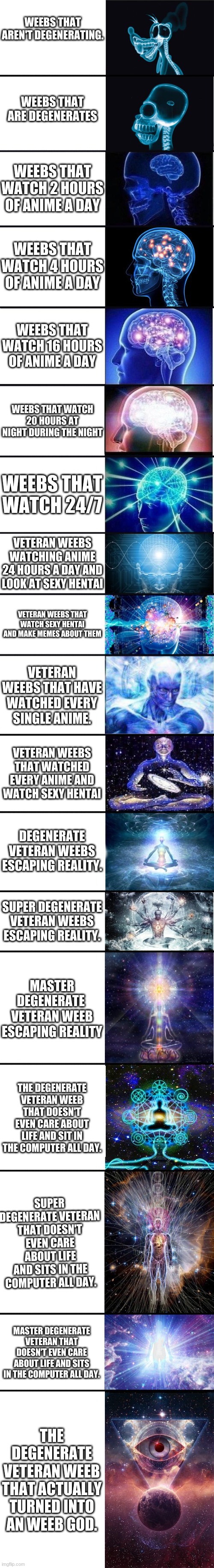 Expanding weeb brain go brrrrrrrrrrr | WEEBS THAT AREN'T DEGENERATING. WEEBS THAT ARE DEGENERATES; WEEBS THAT WATCH 2 HOURS OF ANIME A DAY; WEEBS THAT WATCH 4 HOURS OF ANIME A DAY; WEEBS THAT WATCH 16 HOURS OF ANIME A DAY; WEEBS THAT WATCH 20 HOURS AT NIGHT DURING THE NIGHT; WEEBS THAT WATCH 24/7; VETERAN WEEBS WATCHING ANIME 24 HOURS A DAY AND LOOK AT SEXY HENTAI; VETERAN WEEBS THAT WATCH SEXY HENTAI AND MAKE MEMES ABOUT THEM; VETERAN WEEBS THAT HAVE WATCHED EVERY SINGLE ANIME. VETERAN WEEBS THAT WATCHED EVERY ANIME AND WATCH SEXY HENTAI; DEGENERATE VETERAN WEEBS ESCAPING REALITY. SUPER DEGENERATE VETERAN WEEBS ESCAPING REALITY. MASTER DEGENERATE  VETERAN WEEB ESCAPING REALITY; THE DEGENERATE VETERAN WEEB THAT DOESN'T EVEN CARE ABOUT LIFE AND SIT IN THE COMPUTER ALL DAY. SUPER DEGENERATE VETERAN THAT DOESN'T EVEN CARE ABOUT LIFE AND SITS IN THE COMPUTER ALL DAY. MASTER DEGENERATE VETERAN THAT DOESN'T EVEN CARE ABOUT LIFE AND SITS IN THE COMPUTER ALL DAY. THE DEGENERATE VETERAN WEEB THAT ACTUALLY TURNED INTO A WEEB GOD. | image tagged in expanding brain 9001,weebs,weeb,otaku | made w/ Imgflip meme maker
