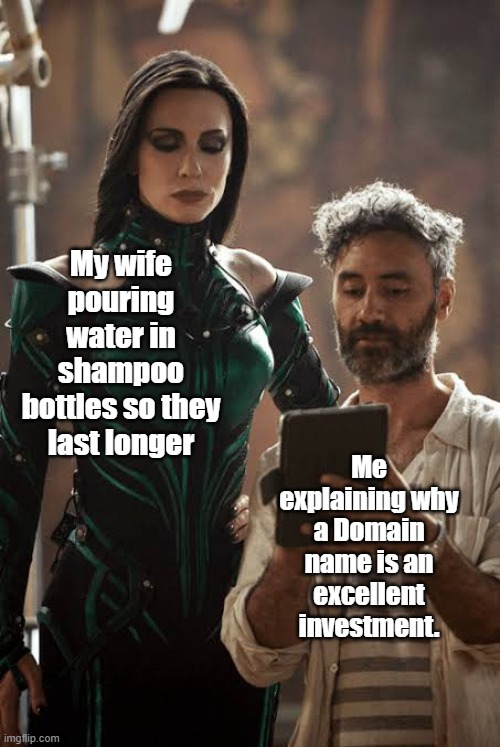 My wife pouring water in shampoo bottles so they last longer; Me explaining why a Domain name is an excellent investment. | made w/ Imgflip meme maker