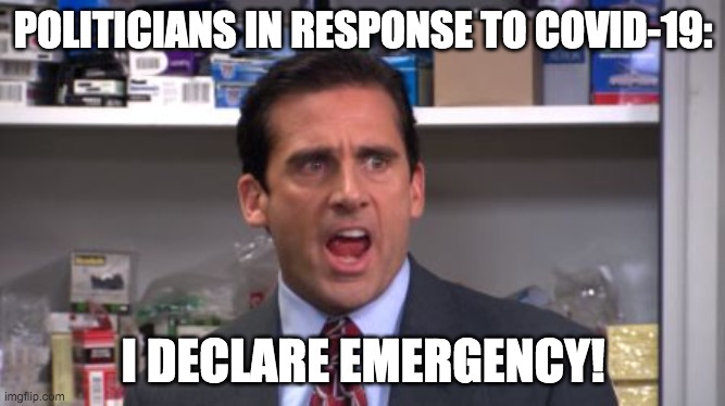 Politicians in response to COVID-19 | POLITICIANS IN RESPONSE TO COVID-19:; I DECLARE EMERGENCY! | image tagged in the office bankruptcy | made w/ Imgflip meme maker