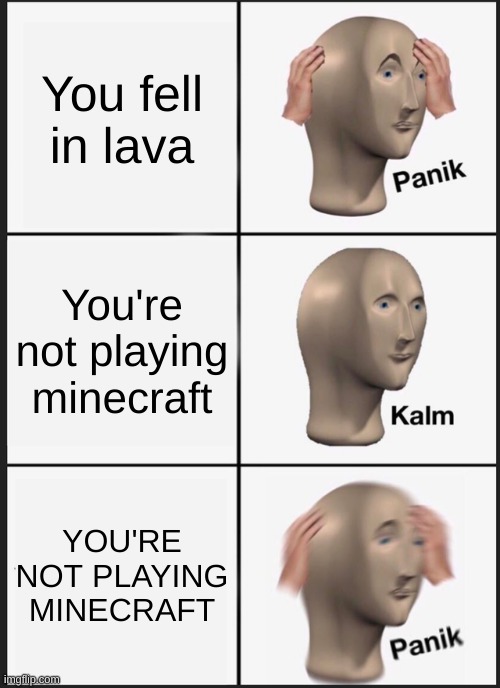 Lava is Real? | You fell in lava; You're not playing minecraft; YOU'RE NOT PLAYING MINECRAFT | image tagged in memes,panik kalm panik,minecraft,lava | made w/ Imgflip meme maker
