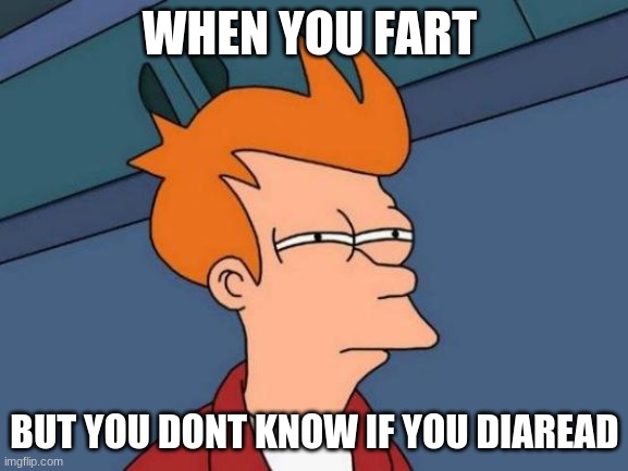 Fart confution | WHEN YOU FART; BUT YOU DONT KNOW IF YOU DIAREAD | image tagged in memes,futurama fry | made w/ Imgflip meme maker