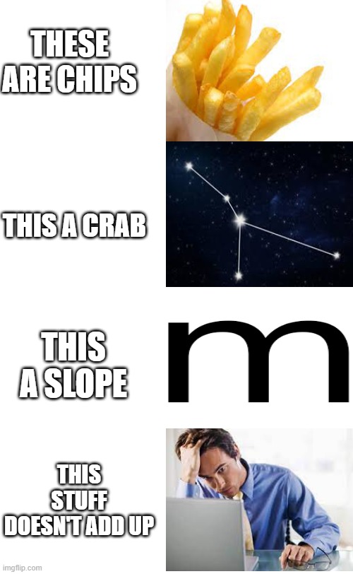 I feel so dumb rn | THESE ARE CHIPS; THIS A CRAB; THIS A SLOPE; THIS STUFF DOESN'T ADD UP | image tagged in plain white tall,memes,funny,fun,i am smort | made w/ Imgflip meme maker