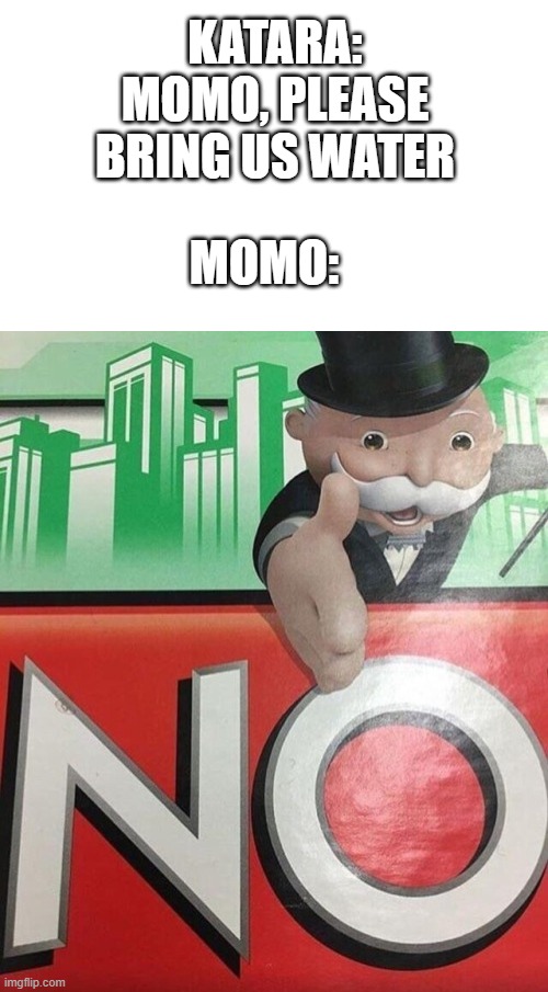 Another Avatar meme | KATARA: MOMO, PLEASE BRING US WATER; MOMO: | image tagged in monopoly no,avatar the last airbender,memes,unnecessary tags | made w/ Imgflip meme maker