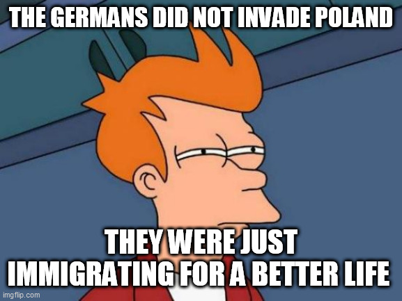 Futurama Fry | THE GERMANS DID NOT INVADE POLAND; THEY WERE JUST IMMIGRATING FOR A BETTER LIFE | image tagged in memes,futurama fry | made w/ Imgflip meme maker