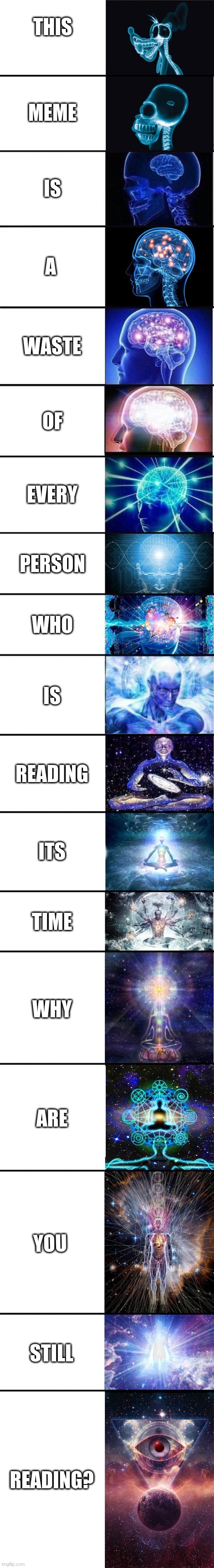 imagine reading this | THIS; MEME; IS; A; WASTE; OF; EVERY; PERSON; WHO; IS; READING; ITS; TIME; WHY; ARE; YOU; STILL; READING? | image tagged in expanding brain 9001,memes,funny,funny memes,chicken nuggets,iuwhgiugsiyogsre | made w/ Imgflip meme maker