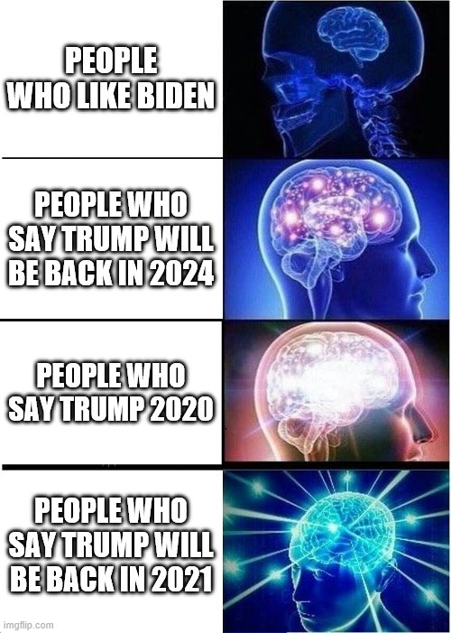 Trump | PEOPLE WHO LIKE BIDEN; PEOPLE WHO SAY TRUMP WILL BE BACK IN 2024; PEOPLE WHO SAY TRUMP 2020; PEOPLE WHO SAY TRUMP WILL BE BACK IN 2021 | image tagged in memes,expanding brain | made w/ Imgflip meme maker