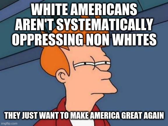 Futurama Fry | WHITE AMERICANS AREN'T SYSTEMATICALLY OPPRESSING NON WHITES; THEY JUST WANT TO MAKE AMERICA GREAT AGAIN | image tagged in memes,futurama fry | made w/ Imgflip meme maker