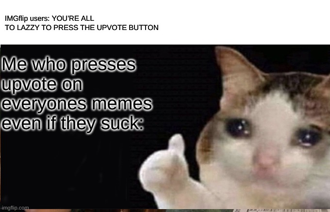 Why is it true | IMGflip users: YOU'RE ALL TO LAZZY TO PRESS THE UPVOTE BUTTON; Me who presses upvote on everyones memes even if they suck: | image tagged in but why tho | made w/ Imgflip meme maker