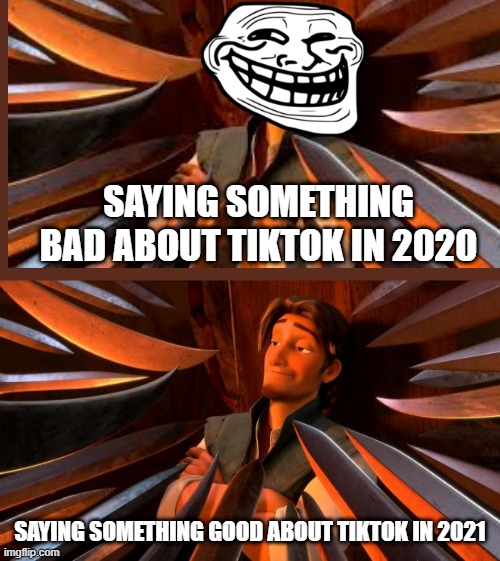 ha rip tiktok | SAYING SOMETHING BAD ABOUT TIKTOK IN 2020; SAYING SOMETHING GOOD ABOUT TIKTOK IN 2021 | image tagged in flynn rider swords | made w/ Imgflip meme maker