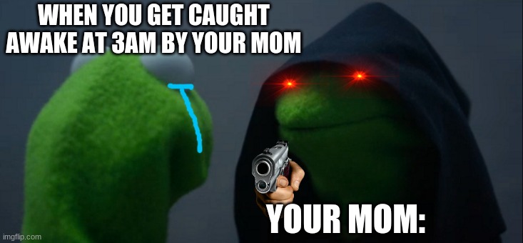 Very true. | WHEN YOU GET CAUGHT AWAKE AT 3AM BY YOUR MOM; YOUR MOM: | image tagged in memes,evil kermit | made w/ Imgflip meme maker