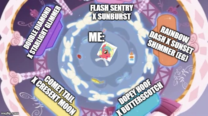 i made some choices | FLASH SENTRY X SUNBURST; DOUBLE DIAMOND X STARLIGHT GLIMMER; RAINBOW DASH X SUNSET SHIMMER (EG); ME:; COMET TAIL X CRESENT MOON; DOPEY HOOF X BUTTERSCOTCH | image tagged in my little pony,shipping | made w/ Imgflip meme maker