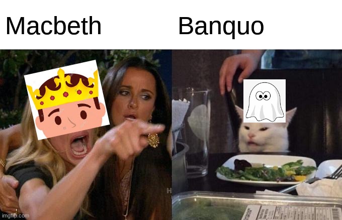 When MacBeth sees Banquo's ghost | Macbeth; Banquo | image tagged in memes,woman yelling at cat | made w/ Imgflip meme maker