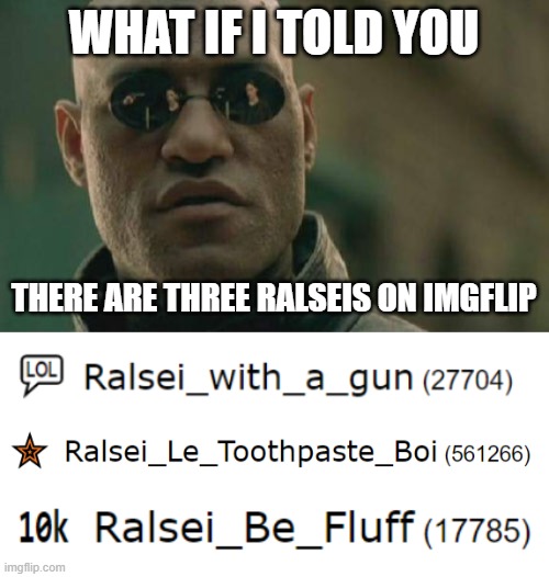 Shoutout to these people!! | WHAT IF I TOLD YOU; THERE ARE THREE RALSEIS ON IMGFLIP | image tagged in memes,matrix morpheus | made w/ Imgflip meme maker