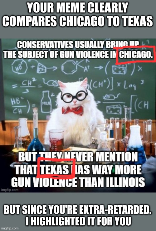 YOUR MEME CLEARLY COMPARES CHICAGO TO TEXAS BUT SINCE YOU'RE EXTRA-RETARDED.  I HIGHLIGHTED IT FOR YOU | made w/ Imgflip meme maker