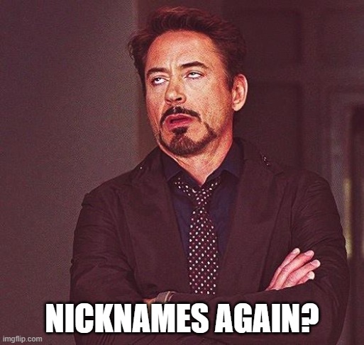 Nicknames | NICKNAMES AGAIN? | image tagged in robert downey jr annoyed | made w/ Imgflip meme maker