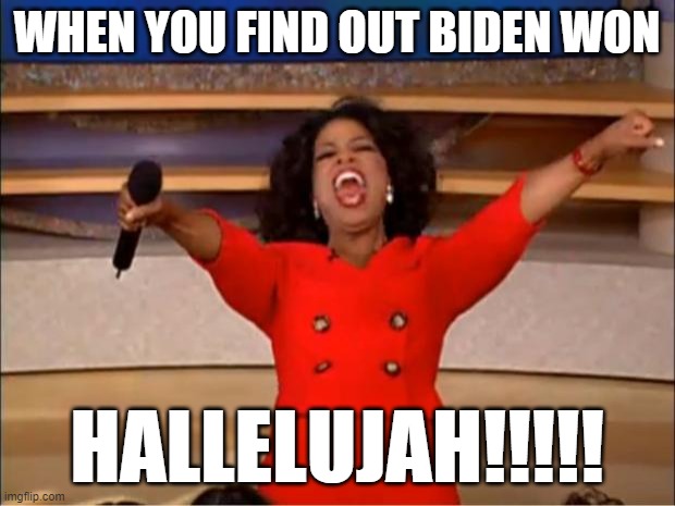 Oh Yeah | WHEN YOU FIND OUT BIDEN WON; HALLELUJAH!!!!! | image tagged in memes,oprah you get a | made w/ Imgflip meme maker