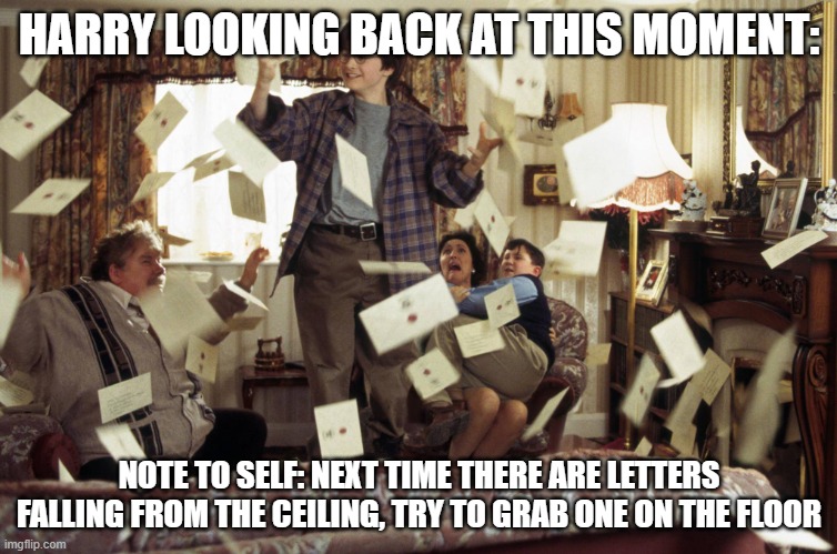 Harry Potter Letters | HARRY LOOKING BACK AT THIS MOMENT:; NOTE TO SELF: NEXT TIME THERE ARE LETTERS FALLING FROM THE CEILING, TRY TO GRAB ONE ON THE FLOOR | image tagged in harry potter letters | made w/ Imgflip meme maker
