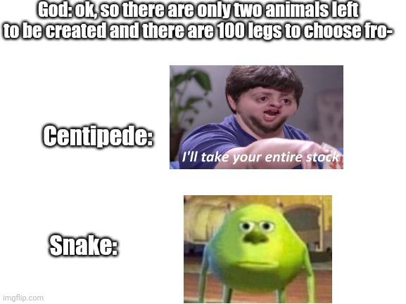 Y u have so many legs | God: ok, so there are only two animals left to be created and there are 100 legs to choose fro-; Centipede:; Snake: | image tagged in oh wow are you actually reading these tags | made w/ Imgflip meme maker
