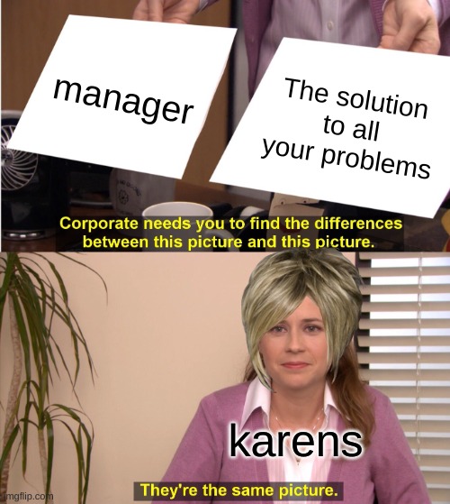 They're The Same Picture | manager; The solution to all your problems; karens | image tagged in memes,they're the same picture | made w/ Imgflip meme maker